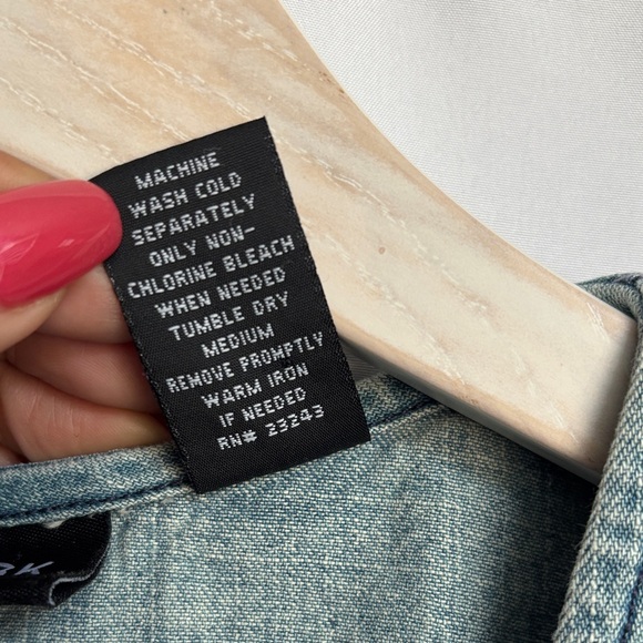 New York & Company Women’s Denim Wrap Blouse with Red Floral Embroidery, Small - Picture 4 of 8